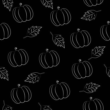 Balkabakları ve yapraklar, siyah arka planda, el izi bırakmadan çizilmiş. Kapak, duvar kağıdı, dekorasyon, ambalaj kağıdı için iyi..