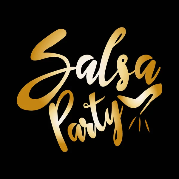 Salsa Party Goldglänzender Handgeschriebener Text Und Hochhackige Schuhe Auf Schwarzem — Stockvektor