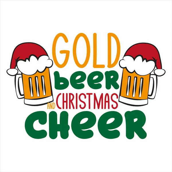 Altın Bira Noel Neşesi Noel Baba Nın Şapkası Bira Kupalarının — Stok Vektör