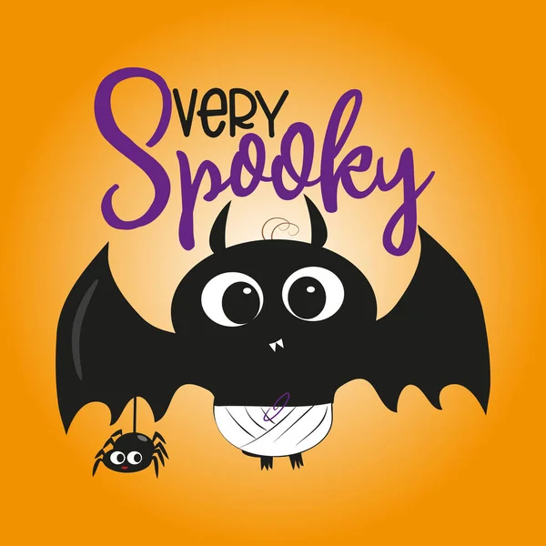 Nagyon Kísérteties Halloween Szöveg Aranyos Blak Denevér Kis Pók Illusztráció — Stock Vector