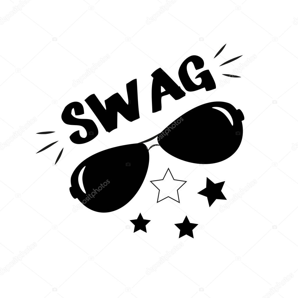 Swag- hand drawn text and sunglasses, fashionable  poster, t-shirt graphics, greeting card.