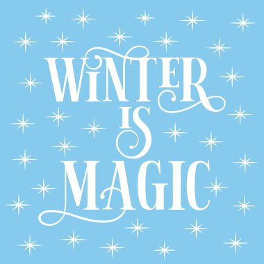 Kış, buz mavisi arka planda parlayan yıldızlı sihirli bir metindir. Pankart, kağıt, tekstil, hediye olarak bira..