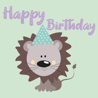 Mutlu yıllar, şirin aslan illüstrasyon grafik vektörü. Tişört grafikleri, posterler, parti konsepti, tekstil grafiği, tebrik kartı..