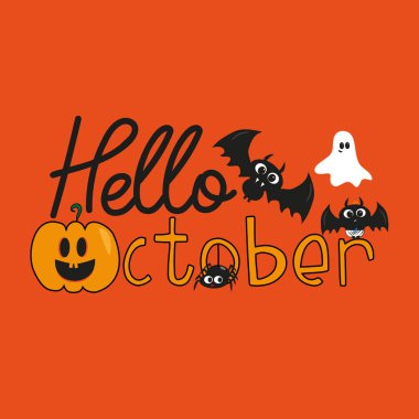 Merhaba Ekim Cadılar Bayramı mesajı, şirin yarasalar, balkabağı ve hayalet, turuncu arka planda. Genç ve mutlu, tişört grafikleri, posterler, parti konsepti, tekstil grafiği, kart.