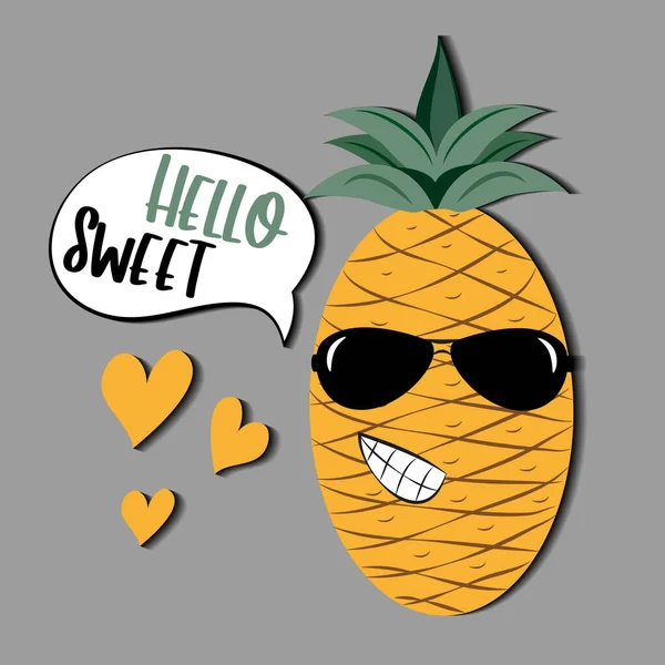 Hello Sweet Text Speach Bubble Hand Ried Pineapple Hearts Летняя — стоковый вектор