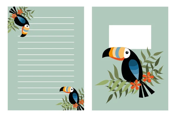 Ensemble Modèle Carnet Avec Toucan Dessiné Main Oiseau Feuilles Palme — Image vectorielle