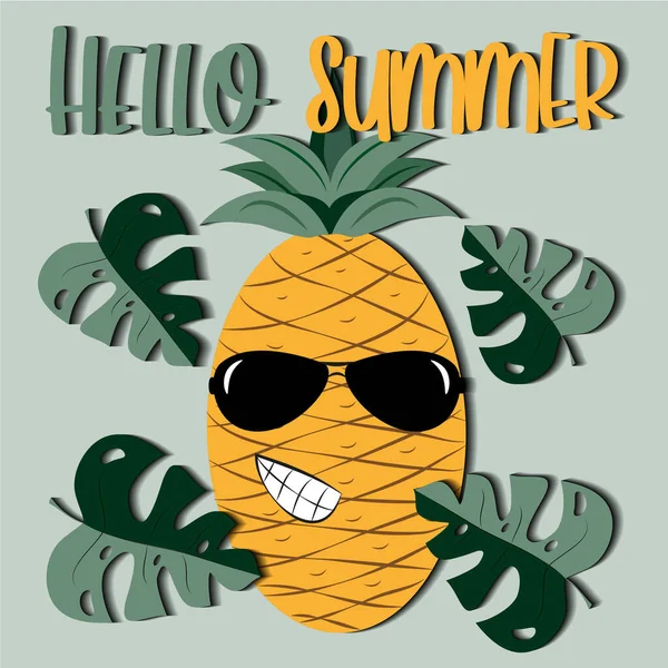 緑の背景にサングラスやヤシの葉で笑顔パイナップルとこんにちは夏のテキスト ポスターのための良い バナー グリーティングカード 夏のギフトデザイン — ストックベクタ