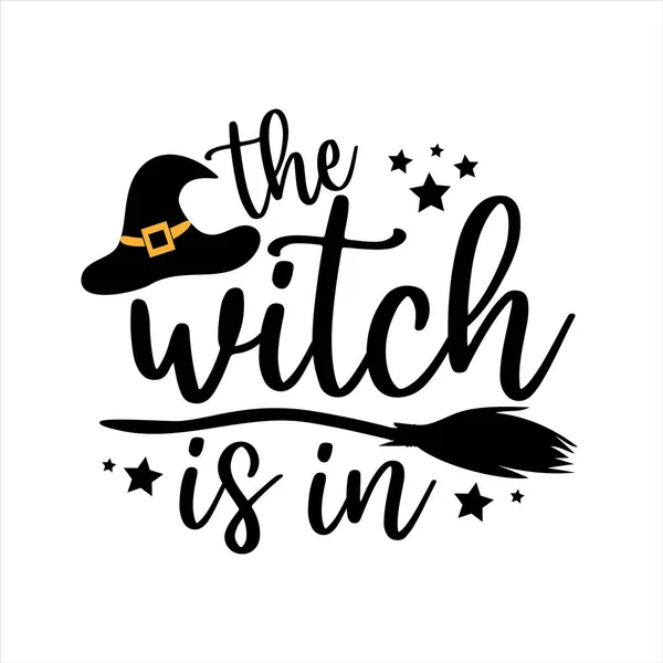 女巫是在有趣的万圣节文字与扫帚和女巫帽 适用于纺织品印花 贺卡和礼品设计 — 图库矢量图片