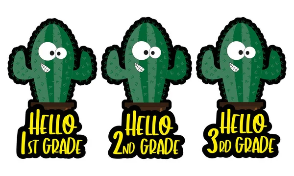 Lindo Conjunto Saludo Escuela Cactus Hola 1Er Grado Hola 2Do — Vector de stock