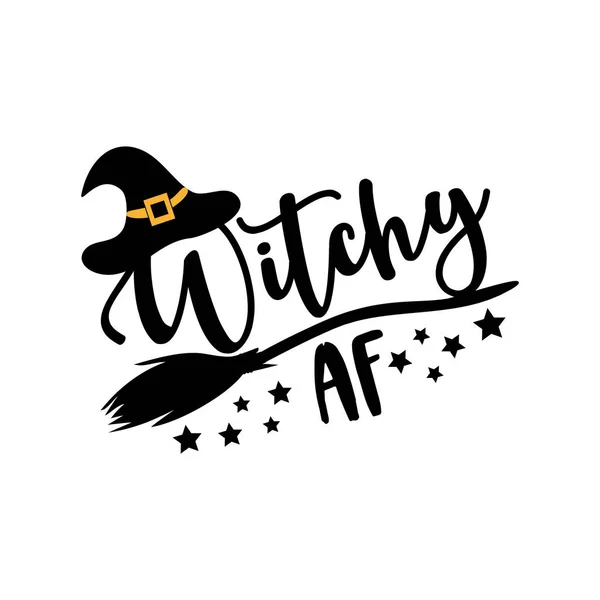 Witchy Rolig Halloween Text Med Kvast Och Häxa Hatt Bra — Stock vektor