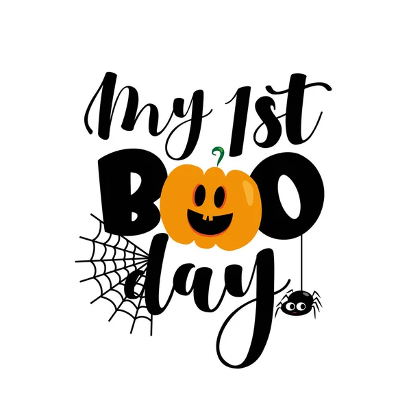 First Boo Day Cute Halloween Greeting Pumpkin Spider Good Baby — Stock Vector