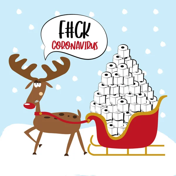 Fuck Coronavirus Angry Reindeer Toilet Paper Tower Sleigh Funny Greeting — ストックベクタ