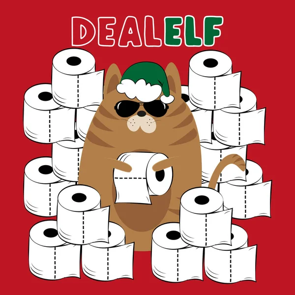 Dealer Elf cat with toilet papers, on red backround. Funny greeting card for Christmas in covid-19 pandemic self isolated period. — Stock Illustration Dealer Elf Cat Toilet Papers Red Backround Funny Greeting Card Stock Illustration