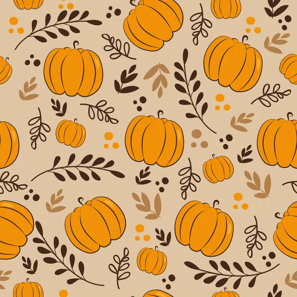 Autumnal Seamless Pattern Pumpkins Leaves Beige Background Good Wall Paper — Stock Vector