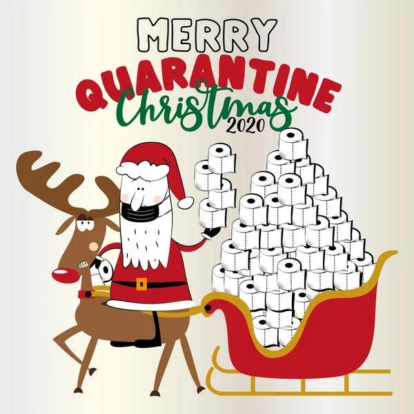 Merry Quarantine Christmas 2020 Funny Reindeer Marah Dan Santa Claus - Stok Vektor