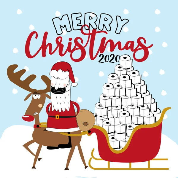 メリークリスマス2020 面白い怒っているトナカイとサンタクロースは トイレの紙の塔がそりに直面しています 面白い挨拶カードのためのクリスマスでCovid 19パンデミック自己隔離期間 — ストックベクタ
