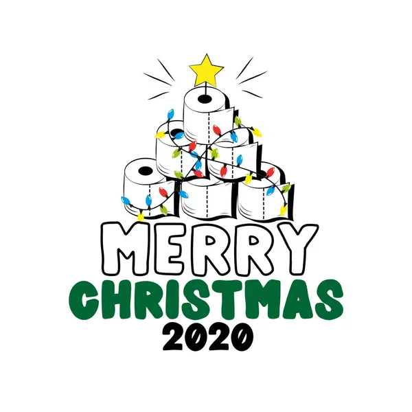 メリークリスマス2020 トイレットペーパークリスマスツリー 面白い挨拶カードのためのクリスマスでCovid 19パンデミック自己隔離期間 — ストックベクタ