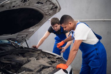 Bir aracın motor ve kaputunu kontrol eden adamlar.
