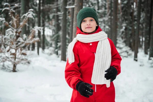 Портрет мальчика в красном комбинезоне с шарфом в зимнем снежном лесу — стоковое фото