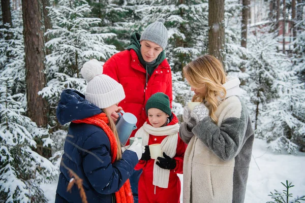 Красивая молодая пара с детьми гуляет по сказочному зимнему лесу во время новогодних или рождественских каникул. Их согревает горячий чай из термос-фляжек.. — стоковое фото