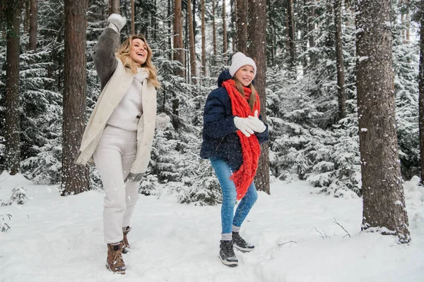 Забавные зимние игры двух молодых девушек, мама и дочь играют в парке — стоковое фото