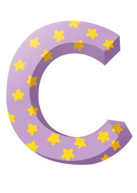 Sarı yıldızlı C harfi. Vektör çizimi. Alfabe.