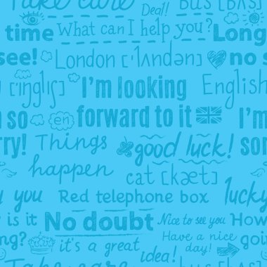 İngilizce 'nin popüler ifadelerinin yer aldığı mavi desen