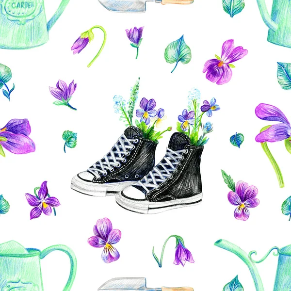 Patrón Sin Costuras Zapatillas Adolescentes Negras Con Violetas Dibujo Lápiz — Foto de Stock