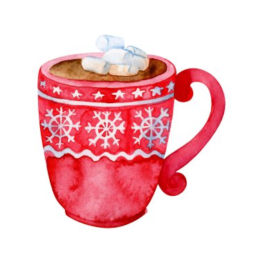 Marşmelovlu bir fincan sıcak çikolata. Noel suluboya çizimi