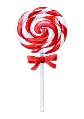 Yuvarlak beyaz ve kırmızı lolipop izole edilmiş. Suluboya çizimi 