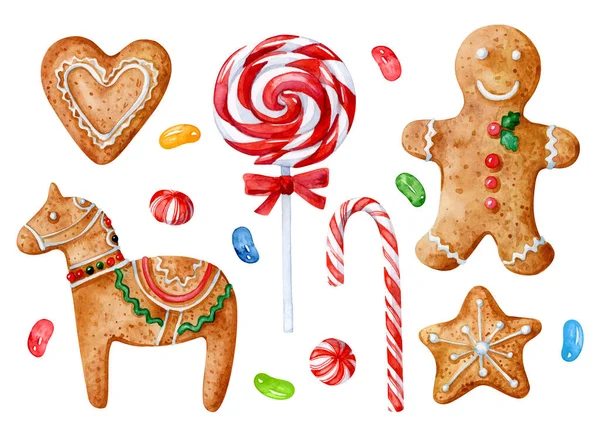 ジンジャーブレッドクッキーとロリポップは白い背景にあります 男と馬 クリスマス水彩イラスト — ストック写真