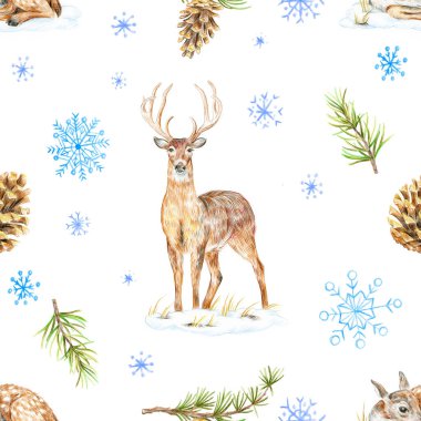 Noel kusursuz suluboya deseni. Geyik, geyik, çam kozalağı, ladin dalı ve kar.