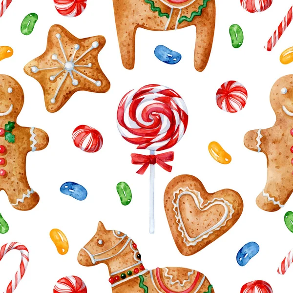 Christmas seamless watercolor pattern. Sweets, gingerbread, lollipops and other sweets on a white background