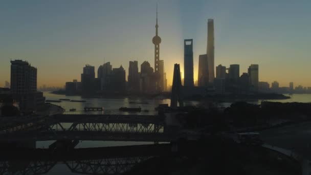 Shanghai Stadt Bei Sonnenaufgang Luftaufnahme — Stockvideo