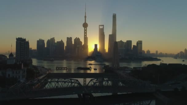 Shanghai Stadsgezicht Bij Zonsopgang Vanuit Lucht — Stockvideo