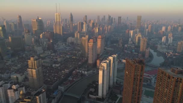 Shanghai Skyline Den Soliga Morgonen Puxi — Stockvideo