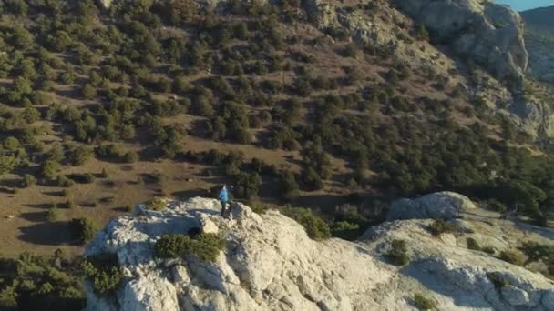 Climber Man Standing Top Rock — Stock Video