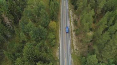 Mavi araba yeşil renkte düz yolda gidiyor.