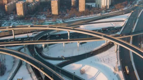 Complexe Vogelvlucht Wegverkeer Bij Zonnige Winter — Stockvideo