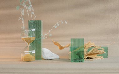 Cam, taş ve kuru çiçeklerin geometri bileşimi
