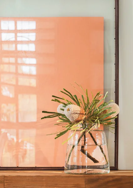 bouquet of beautiful flowers in glass vase on table