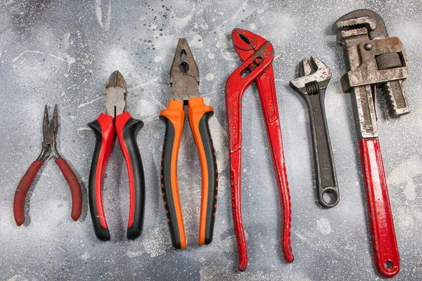 Een Set Handgereedschap Uitrusting Rustieke Achtergrond — Stockfoto