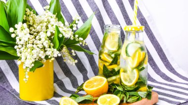 Limonata, dilimlenmiş limon ve salatalıklı mojito, kesme tahtasında nane yaprağı, ferahlatıcı yaz arınma içecekleri, seçici odak, vadinin zambağı.