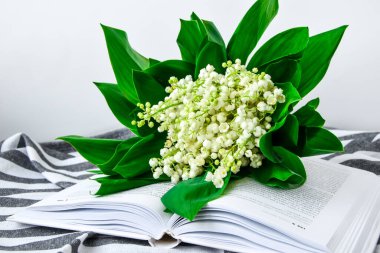 Vadinin beyaz nilüferlerinden oluşan bir buket çıplak havlunun üzerinde açık bir kitap, yumuşak bir odak. Bahar çiçekleri eğitimi, okumak, evde kalmak.