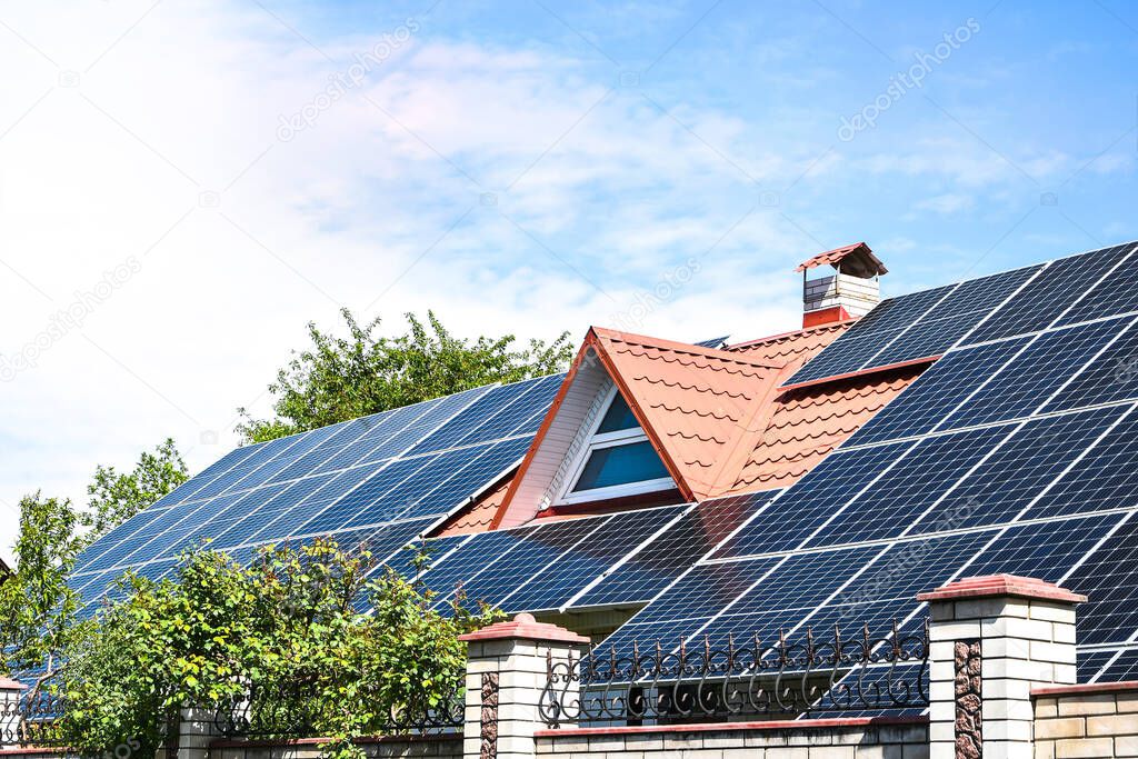 solar panels, Close up shot of a solar panel array with blue sky, Solar panels on a roof for electric power generation, Solar panel on a red roof reflecting the sun