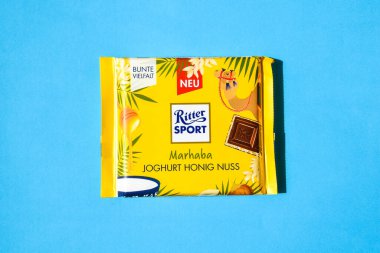 Zhytomyr, Ukrayna 2 Haziran 2020: Ritter Spor Çikolatalarının Çeşitliliği. Ritter Sport 1912 yılında Stuttgart-Bad Cannstatt, Almanya 'da kuruldu.