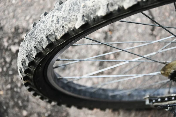 close-up bicycle wheel on road, selective focus, Bicycle wheel close up against the background of a dirt road. Bicycle parts