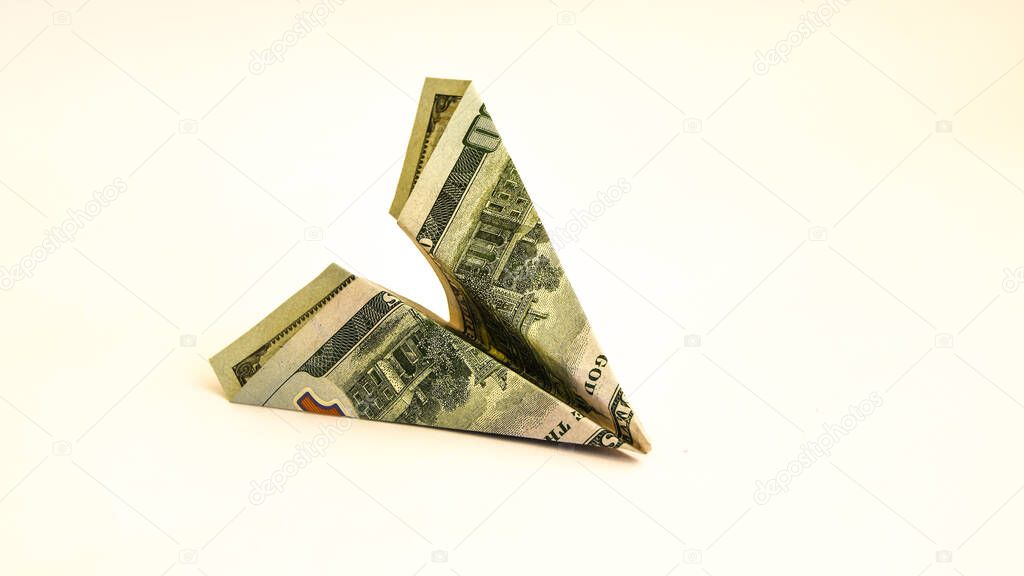 aircraft, One hundred dollar plane isolated on white background, copy space for text, dollar plane, travel and money