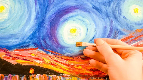 Boya fırçası, el ve yağ bezi, sanatçının eli, Kartonda Akrilik ve Tam spektrum Boyama, Van Gogh Yıldızlı Gece