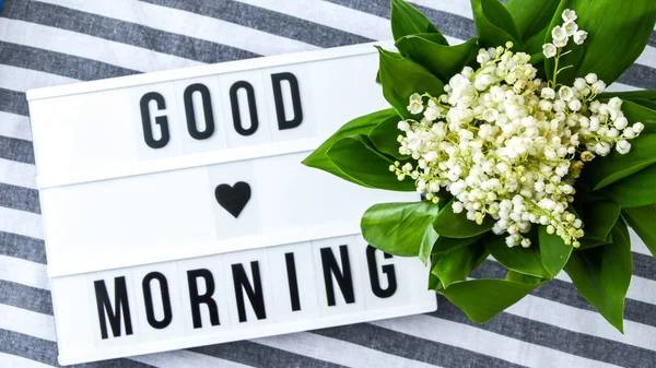 Lightbox Text Good Morning Bouquet Lilies Valley White Bucket Spring — Stock Photo, Image